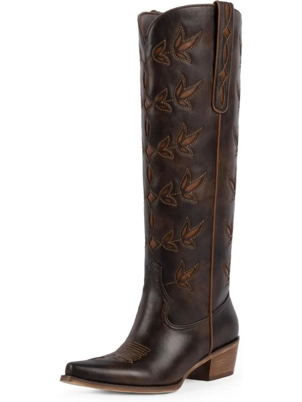 Women's Chocolate Knee High Cowgirl Boots Pointed Toe Slip On Chunky Heel